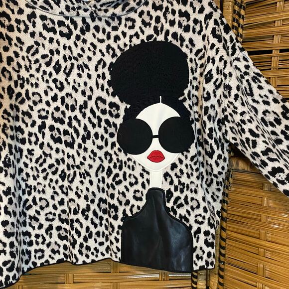 Alice + Olivia Oscar Leopard Print Hoodie Face Graphic Sweater Wool Blend Large - Picture 7 of 9